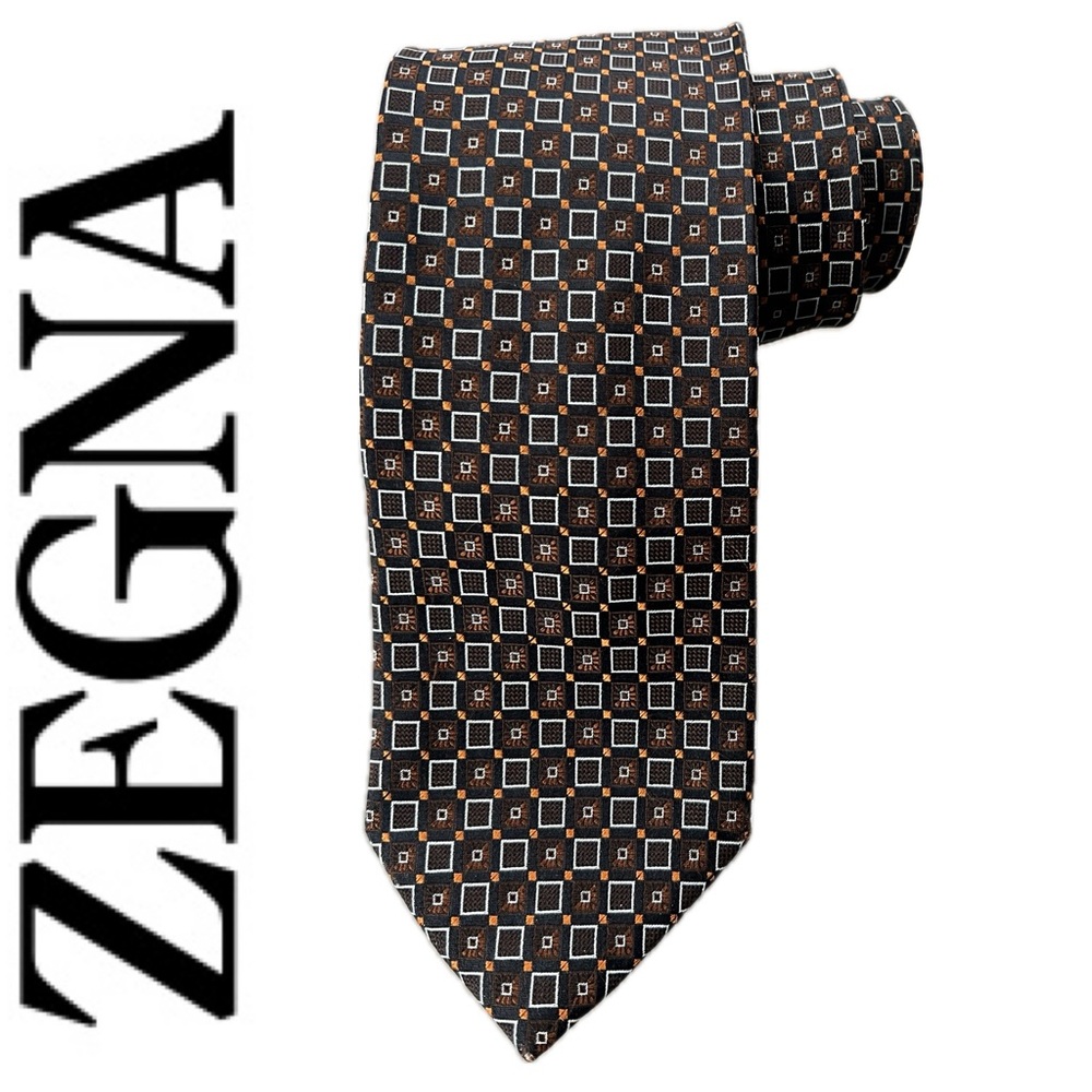👔Geometric Black & Brown with Orange Contrast Silk Neck Tie by Ermenegildo Zegna